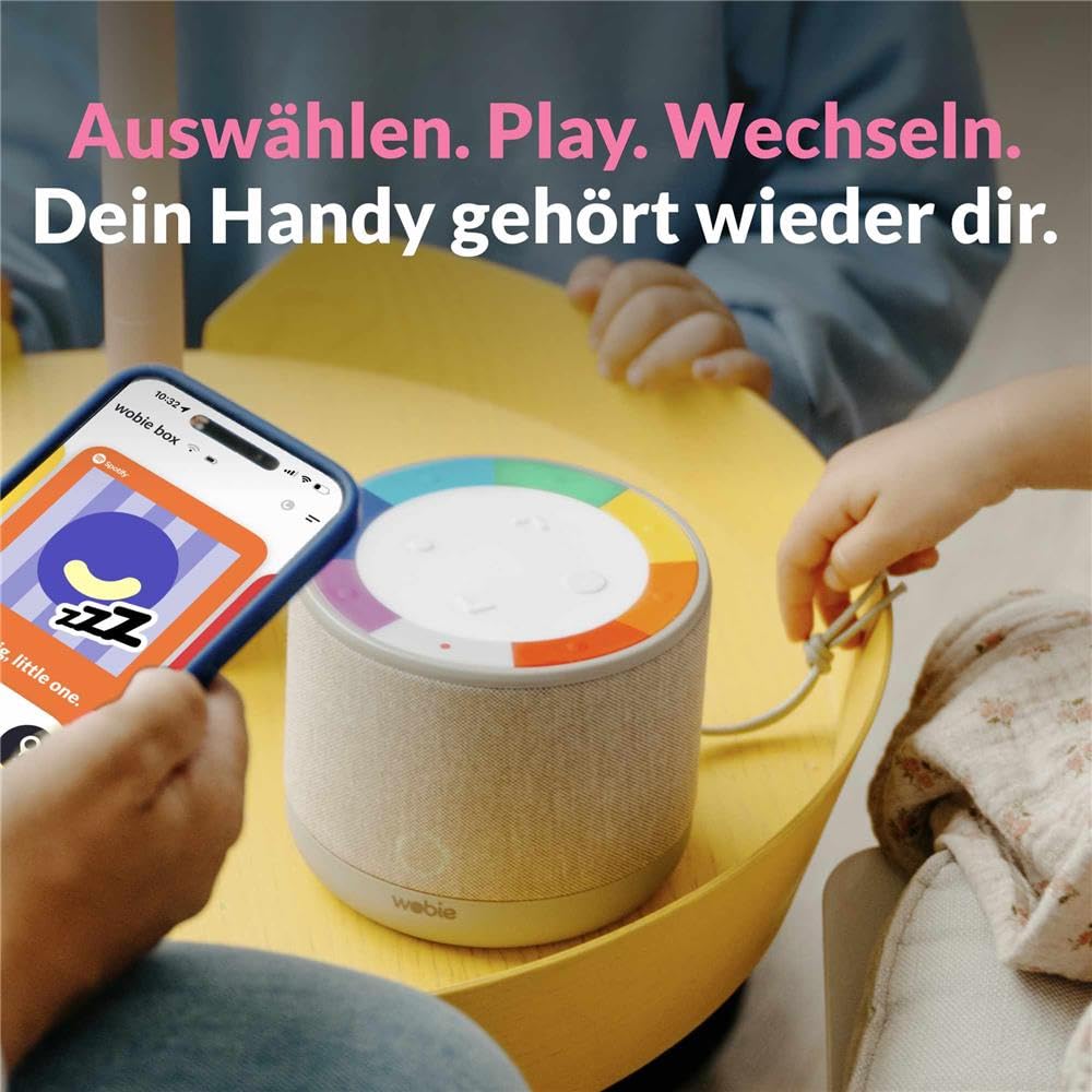 wobie Box Musikbox – Interaktive Hörspielbox & Musikplayer mit Direktzugriff auf Spotify – Bildschirmfreie kabellose Audiobox mit WLAN, Bluetooth & Kopfhöreranschluss – Hörspiele, Musik & Podcasts