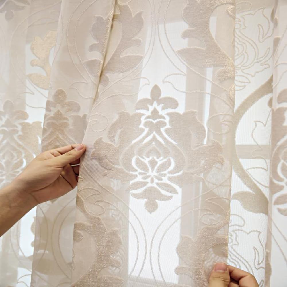 Elegancki zestaw przezroczystych zasłon 2 szt., 140 x 260 cm, kremowe zasłony na przelotkach z romantycznym barokowym wzorem, półprzezroczyste zasłony filtrujące światło do wystroju domu w stylu