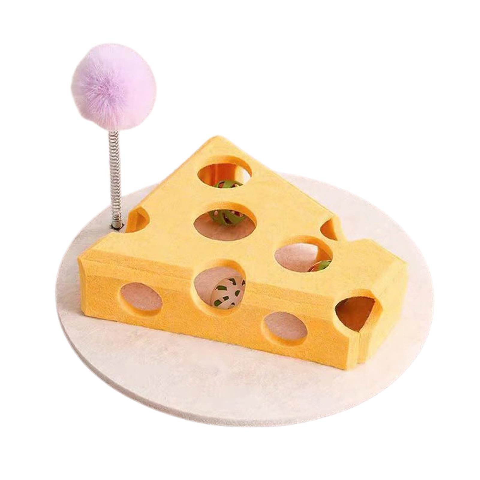Cheese Shape Cat Toy with 7 Holes, Cat Toy with Bell Balls and Spring Teaser, Interactive Hide-and-Seek Maze for Cats, Cat