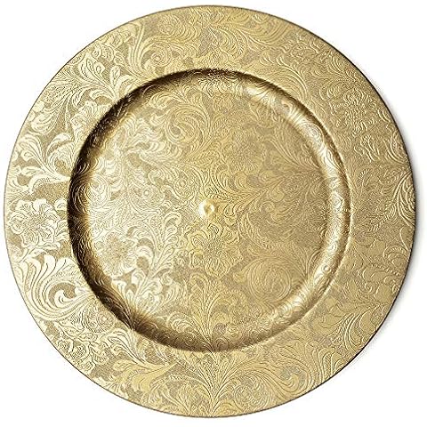 CHATEAU FINE TABLEWARE Gold Floral Charger Plates - 13-Inch Elegant Chargers - Set of 6 - For Small to Regular-Size Dinnerware & Soup Bowls - Suitable for Weddings, Parties, Anniversary, Thanksgiving Cover