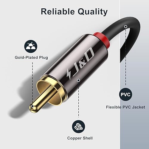 Miniatura 2 de J&D Cable RCA, (paquete de 2) cables de audio RCA chapados en oro, carcasa de cobre 2RCA macho a 2RCA macho cable de audio estéreo, 6 pies