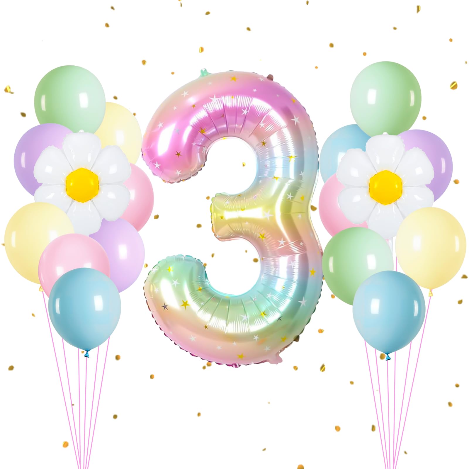 Number 3 Balloon, 40 Inch Stars Rainbow Gradient Pastel Balloons Latex Party Balloon, White Flower Daisy Balloons for Birthday Rainbow Party (3)