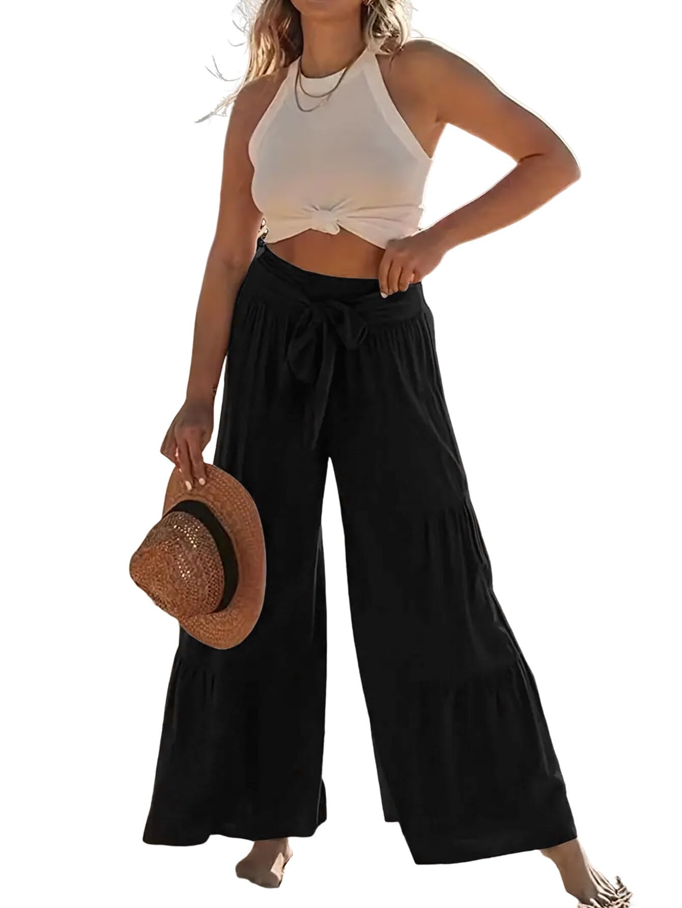 Womens Solid Color Wide Leg Pants with Pockets Summer Long Pants 2024 Outdoor Loose Fit Pants