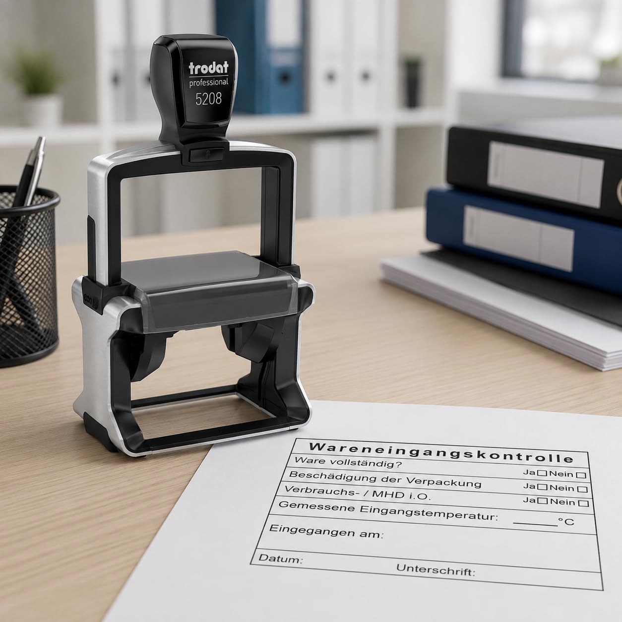 Wareneingangskontrolle Stempel – Trodat Professional 5208 Firmenstempel 68 × 47 mm – fertige Vorlage mit schwarzem Abdruck – Lagerstempel für Wareneingang, Qualitätskontrolle, MHD, Temperatur, HACCP