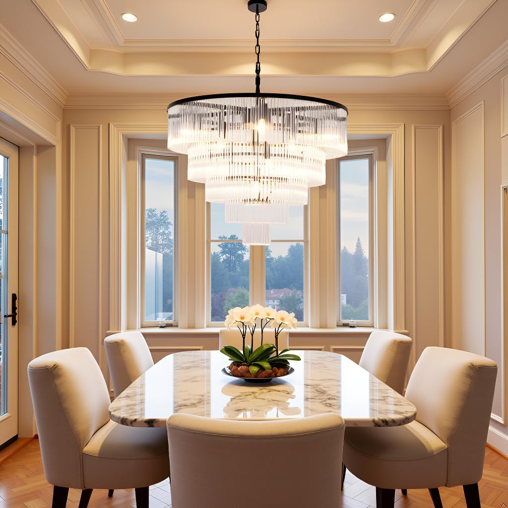 Modern Multi-Tier Crystal Chandelier 5-Tier Round Black Finish Ceiling Light -Cylindrical Glass Rods -Dining Room Living Room Bedroom Entryway -Luxury Lighting Fixture 27.5''