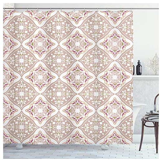 Ambesonne Moroccan Shower Curtain, Pastel Colored Complex Tiles with Geometrical Shapes Persian Art, Cloth Fabric Bathroom Decor Set with Hooks, 69" W x 70" L, Beige Pink White