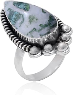 Veracity Jewelry Moss Agate Rings For Women - 925 Sterling Silver White Moss Agate Handmade Jewelry - Natural Greeen White Gemstone Designer Fashion Jewelry Rings - Spiritual/Healing/Anxiety/Meditation Jewelry Rings For Unisex - VSR-491