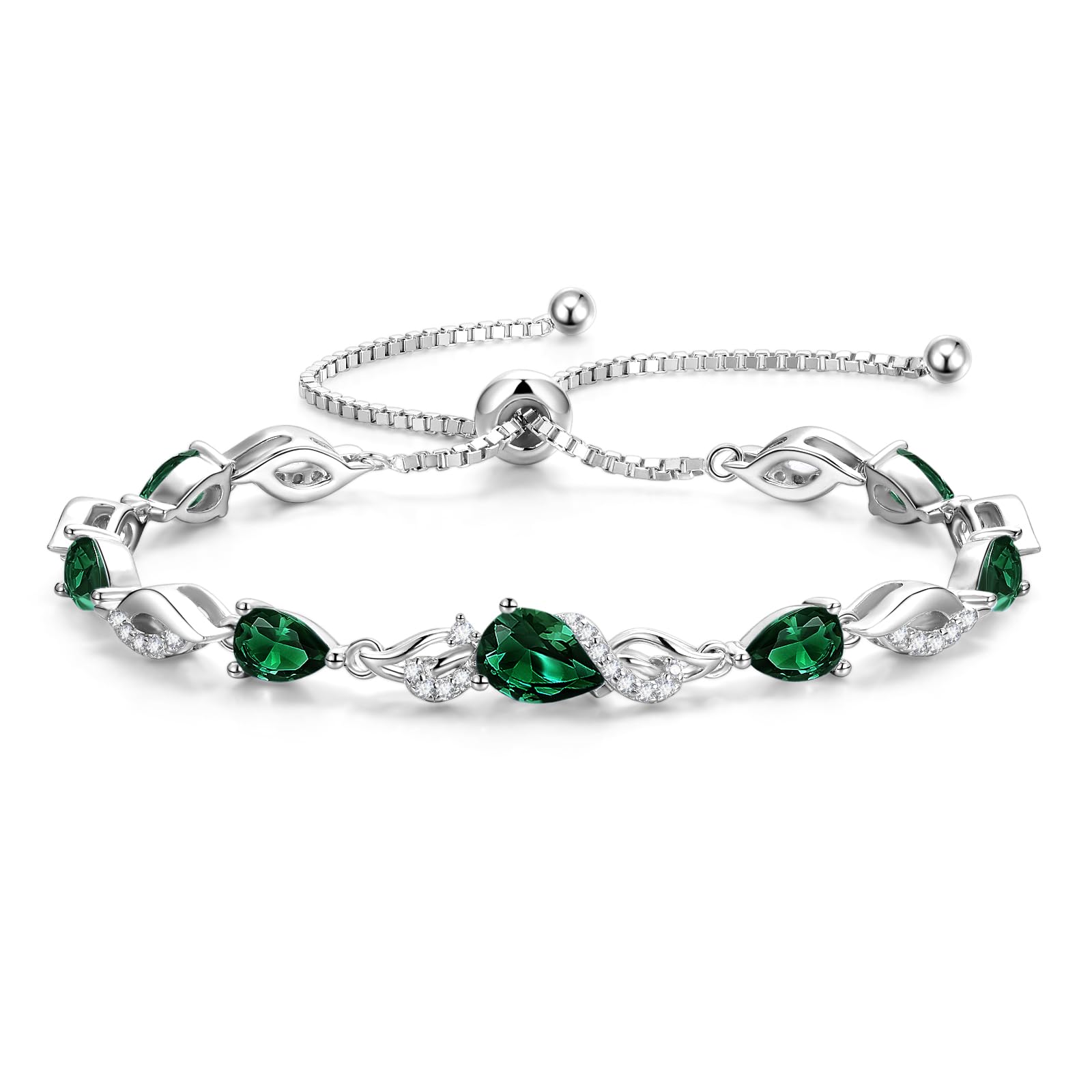FANCIME Birthstone Teardrop Tennis Bracelet for Women, Sterling Silver 9x7mm main Gemstone Bolo Adjustable Chain Bracelet Fine Jewelry Birthday Gifts for Women Mom Wife Her