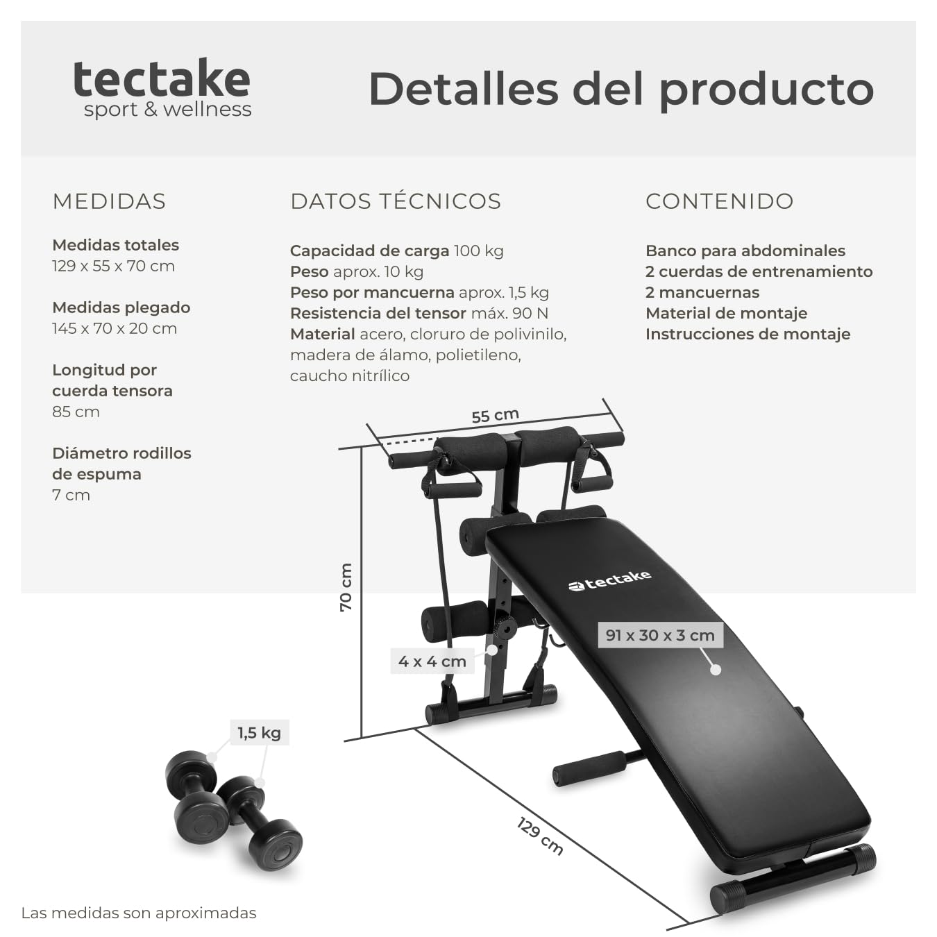 tectake® Banco Musculación, Equipo Multifuncional para Fitness en Casa, Abdominales y Banco de Pesas, Monta Tu Gimnasio en Casa - 129 x 55 x 70 cm
