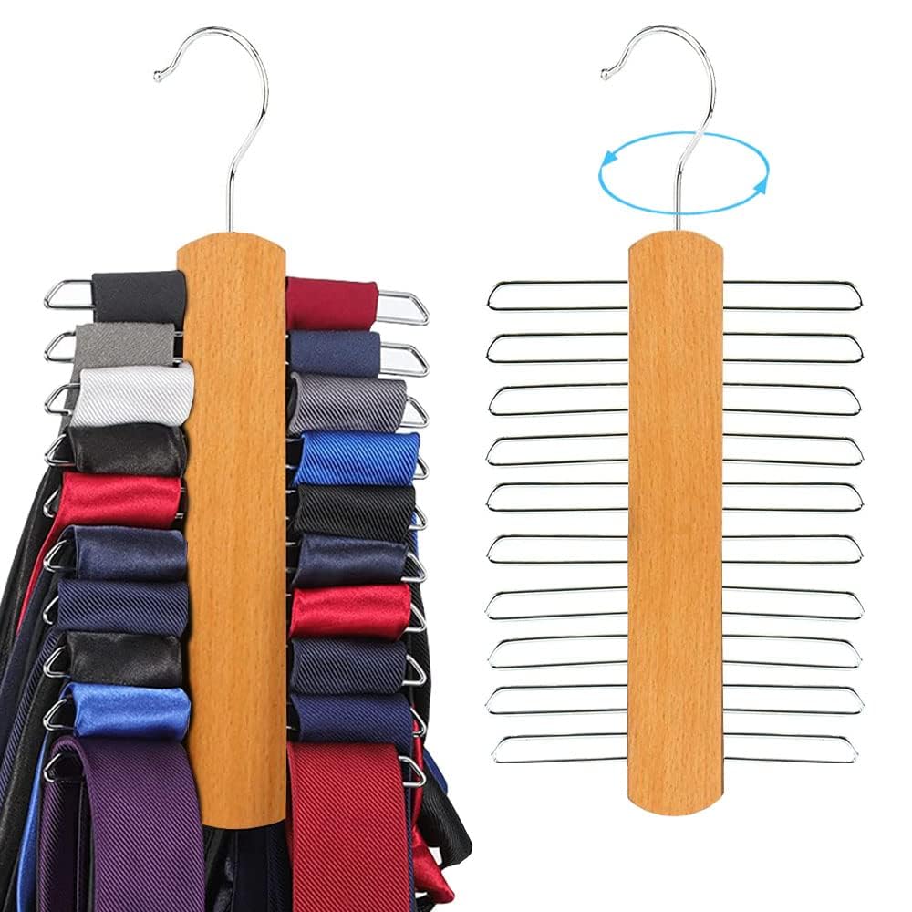 NALACAL 2 Piece Wooden Tie Hanger, Swivel Tie Racks, Tie Belt Rack, with 20 Metal Partitions and 360 Degree Rotating Clothes Hook, for Hanging Belts, Tie, Scarves, Neckties and More