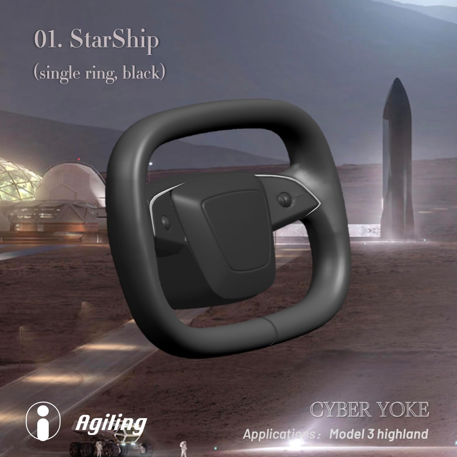 CyberYoke for Tesla Model 3 (Highland 2024+) Concept Steering Wheel, Prototype Driving Interface (FBA-01.StarShip: single ring, black)