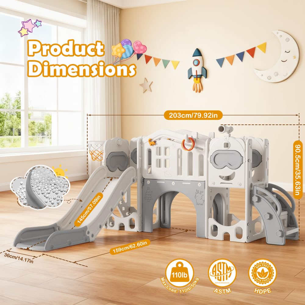 11 in 1 Scivolo per Bambini con Canestro da Basket,Palla e Telescopio Giocattolo, Set Giochi per Interni ed Esterni, per Bimbi Piccoli e in Età Prescolare
