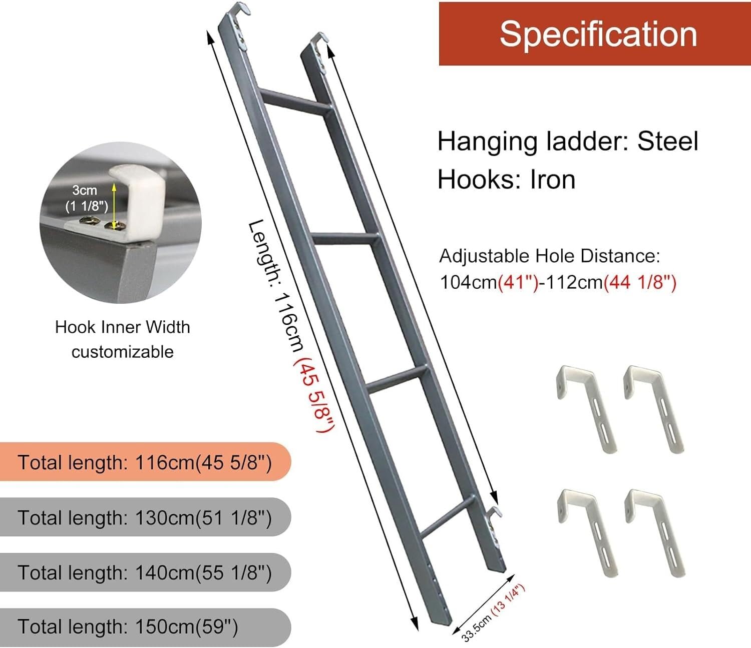 LXXW Scaletta per Letto a Castello in Metallo con Ganci Scaletta per Letto Sospesa in Argento per La Camera da Letto Loft Domestica Scaletta per Camper Loft Dormitorio (Dimensioni: 116 cm (4