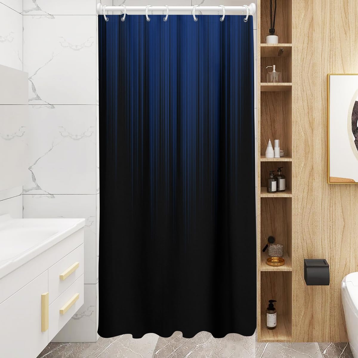 AAtter Navy Blue Black Ombre Shower Curtain, Small Stall 36x72 Inch 7 Hooks