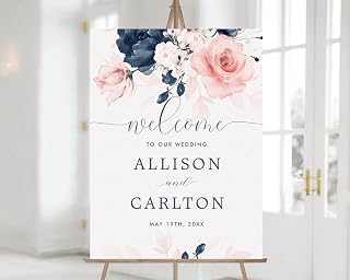Wedding Welcome Sign, Navy Blue and Blush Pink Floral Form Wedding Sign, Floral Printale Welcome Board, Wedding Decorations Signs