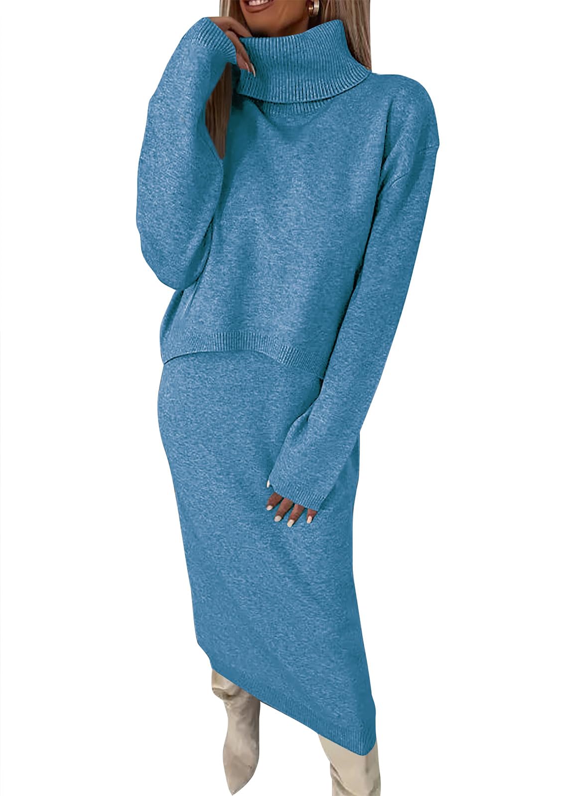 shownicer Damen Strickkleid Zweiteiliger Anzug Rollkragen Winterkleid Langarm Pullover und Maxi Strickrock Bodycon 2 Stück Set Sweater Midikleid Pullikleid Gestrickt Kleid Set