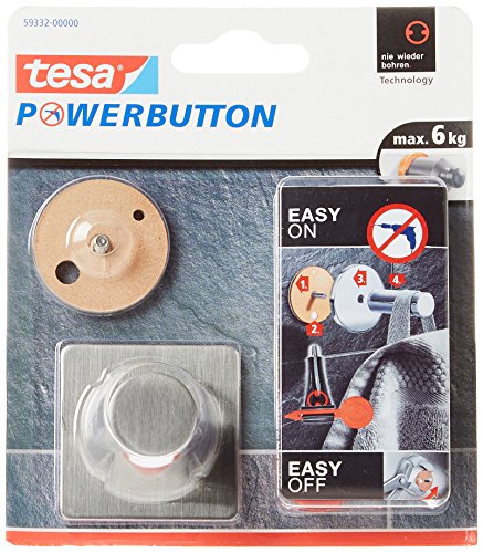 tesa Powerbutton Universal Self-Adhesive Hook - Rectangular Chrome-Plated Metal Hook - Bathroom Towel Holder - Max Load 6 kg