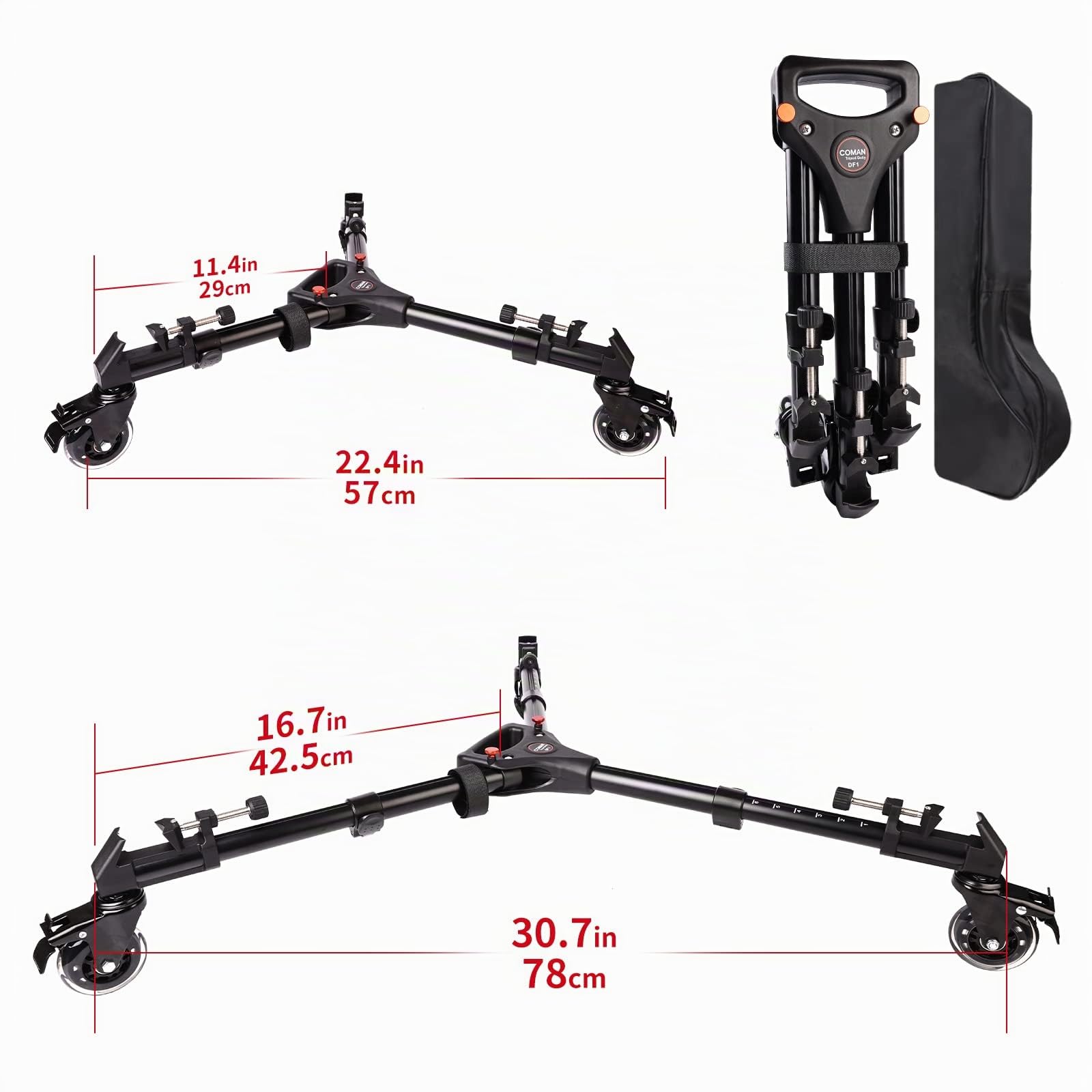 COMAN Trípode Profesional Dolly - Resistente con Soporte de Pierna Ajustable con Ruedas de Bloqueo y Funda de Transporte Compatible con la mayoría de trípodes cámaras de videocámara