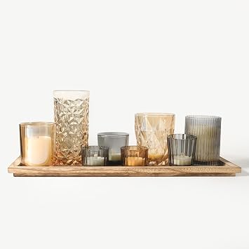 Rustic Wooden Tray with 8 Brown Glass Votive Candle Holders