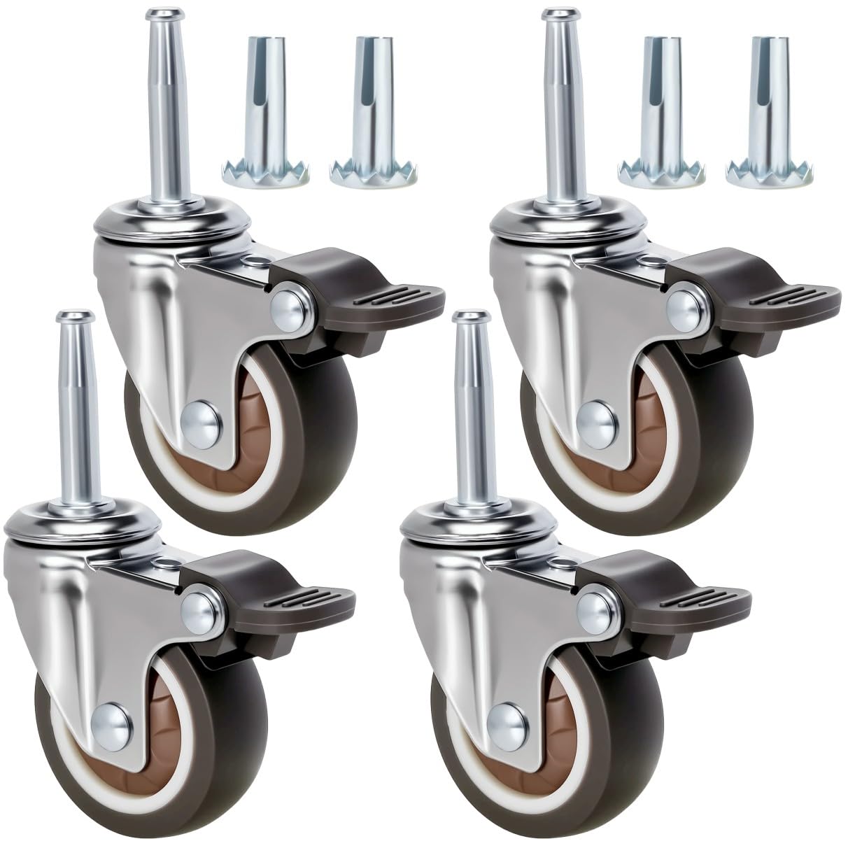 JGJC 2" Non-Marring Rubber Caster Wheels 4-Pack | 5/16" × 1-1/2" (8×38mm) Grip Neck with Sleeve Plugs | Heavy Duty Casters with Brake Set of 4 for Wood Furniture Legs, Tables, Benches | Floor Friendly