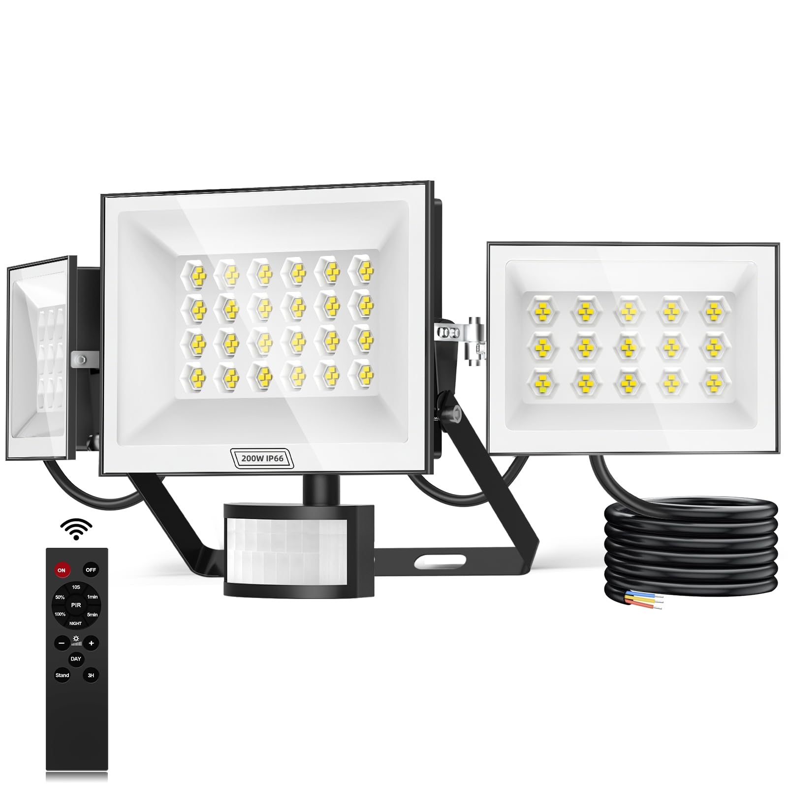 papasbox Lampada da Parete con Sensore di Movimento 200W, 20000LM Luce Bianca Fredda 6500K, IP66 Impermeabile Luce Esterna con Telecomando e Timer, Regolabile per Giardino, Garage, Balcone