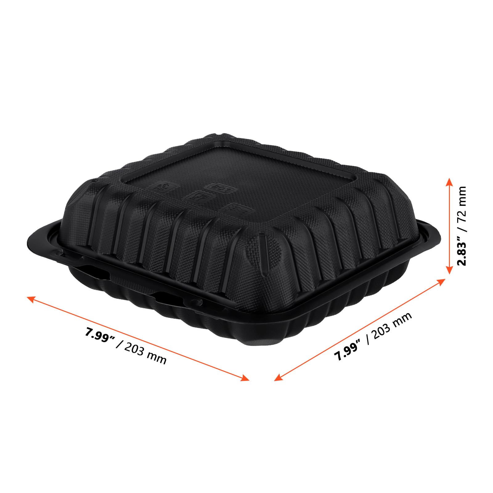 SINJEUN 70 Stück Clamshell Lebensmittelbehälter, 20,3 x 20,3 x 7,1 cm, wiederverwendbare schwarze Take Out Boxen mit Deckel, Kunststoff To Go Behälter für Frühstück, Mittagessen, Salat, Klapp-Design