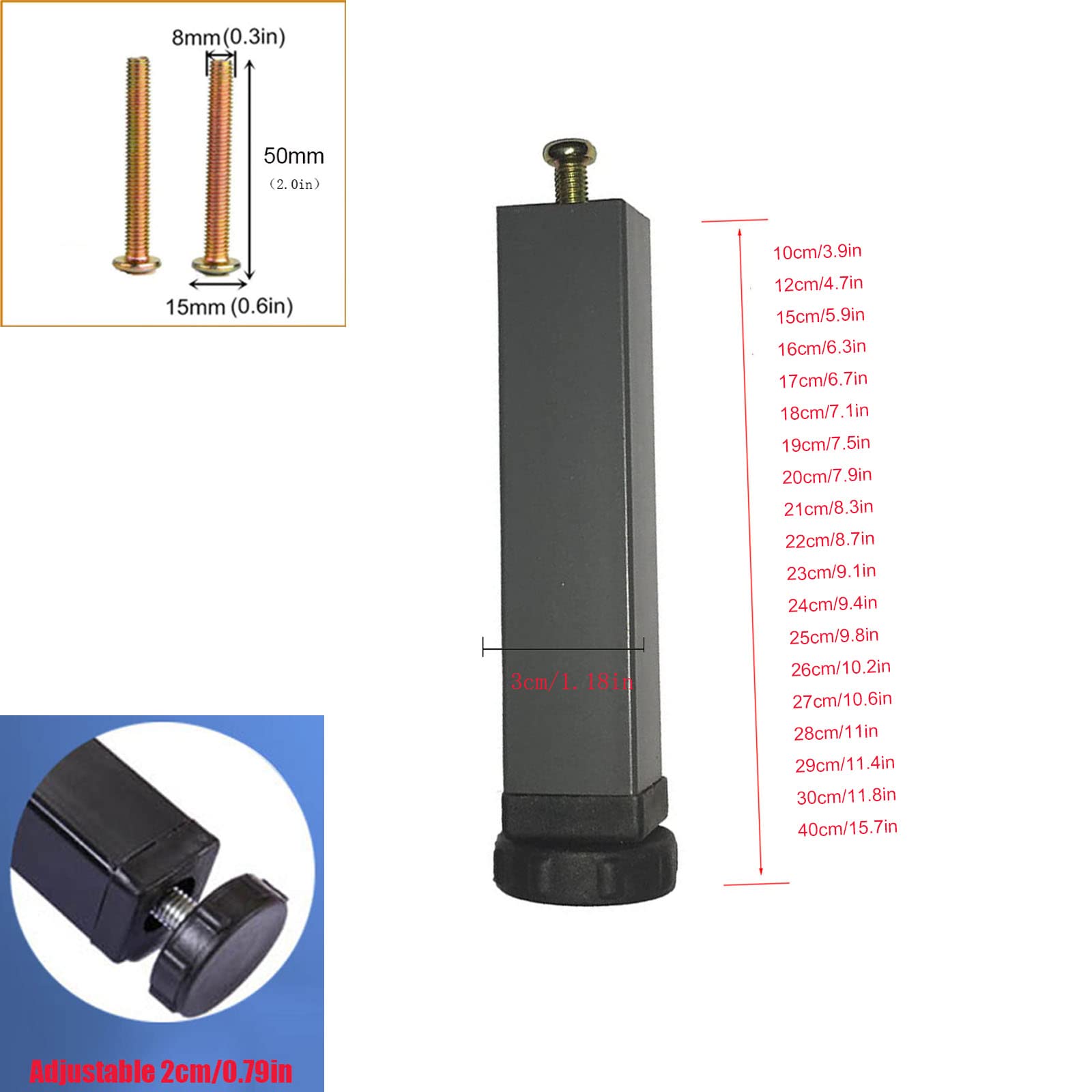 Generico Piedini per Mobili in Metallo Gambe per Mobili Piedini di Supporto Regolabili Accessori per Telaio del Letto con Viti 10-40 cm di Altezza Grigio Scuro (29 cm / 11,4 Pollici)