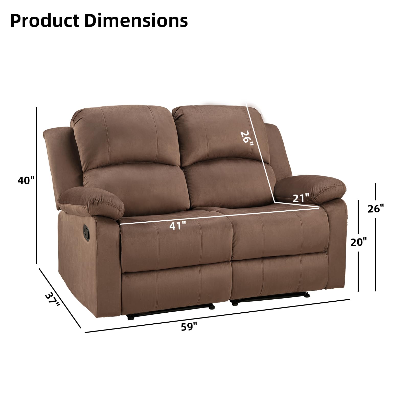 EBELLO Manual Loveseat Recliner Sofa, Soft Microfiber Reclining Couch with Overstuffed Arms and Back, Double Seat Recliner Couch for Living Room, Meeting Room, Brown view 2