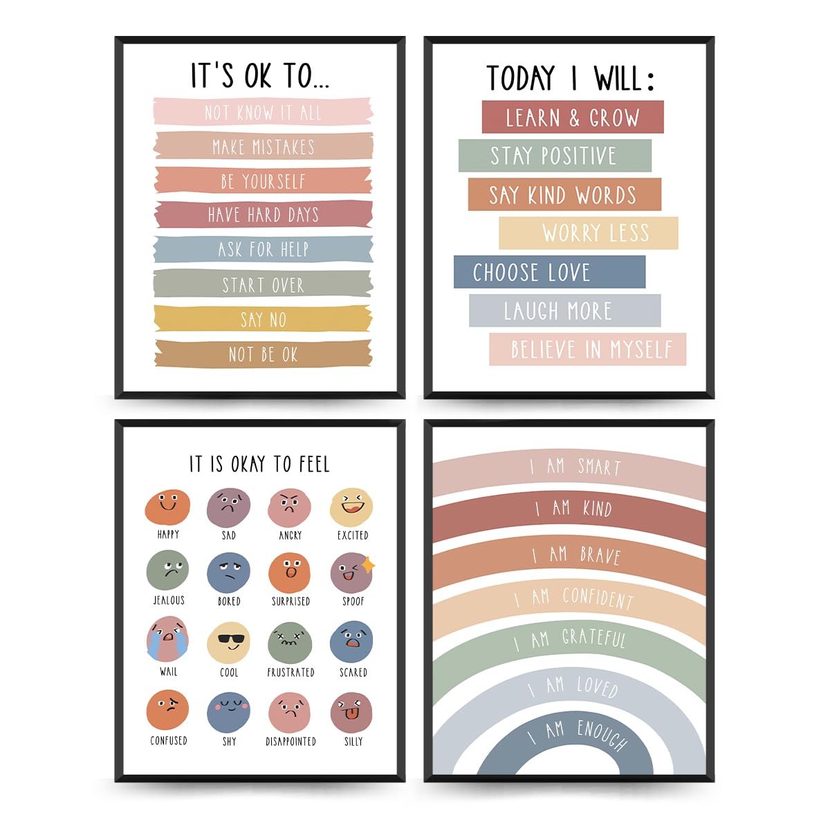 PLKMN Boho Rainbow Wall Art Set of 4, Inspirational Kindness Posters for Kids Room, Mental Health Decor for Nursery, Classroom, 8x10 Inch, Unframed