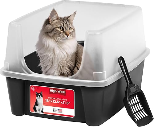 IRIS USA Caja de Arena Grande para Gatos con Escudo Contra Dispersión y Pala, Bandeja de Arena para Gatos de Lados Altos con Parte Superior Abierta,