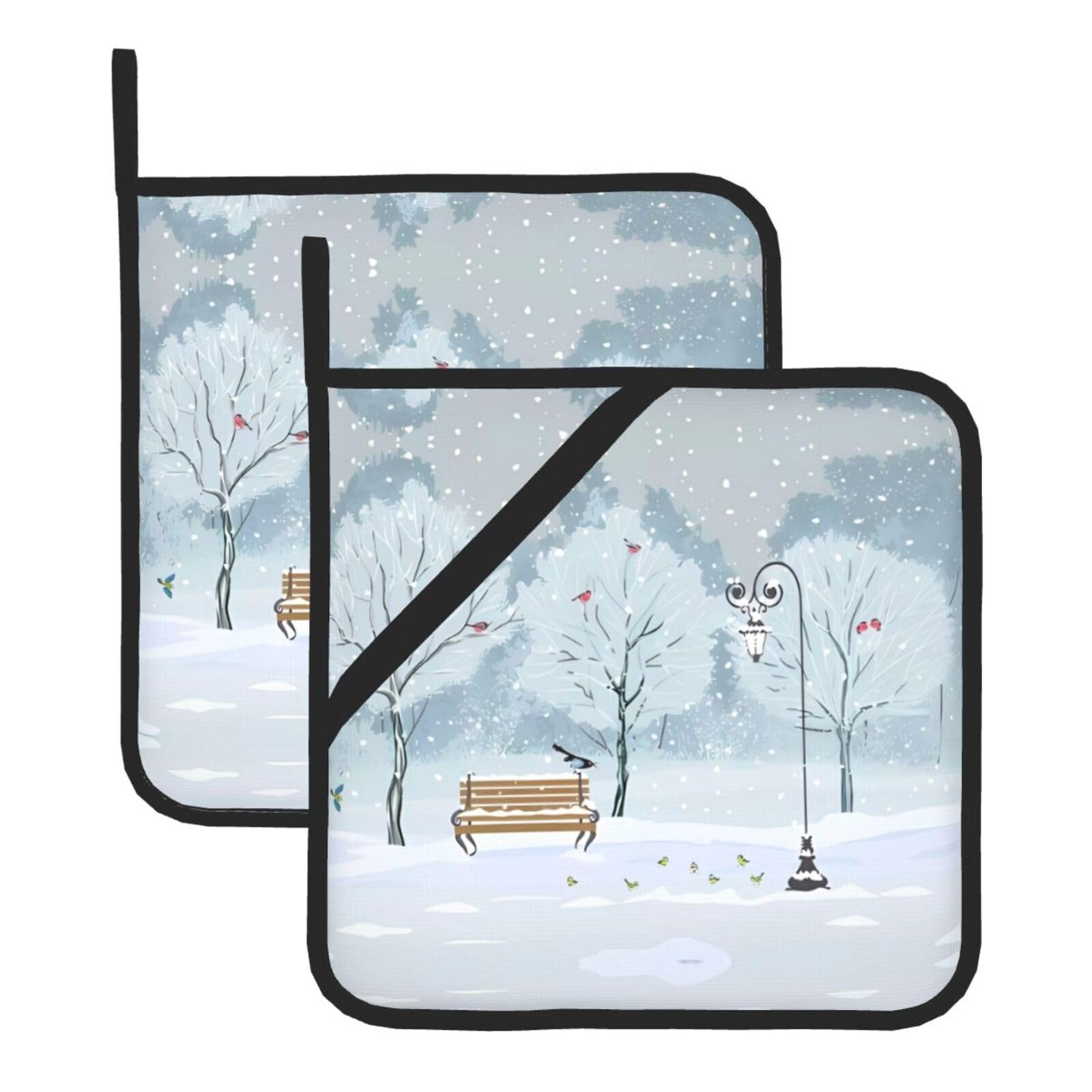 YYHHAOFA Birds in the park on a snowy day Prints Square Hot Pot Pads - Waterproof Kitchen Throw Layers for Countertop, Oven & Grill - Durable Heat Resistant Pads with Hanging Loop (2-Pack)