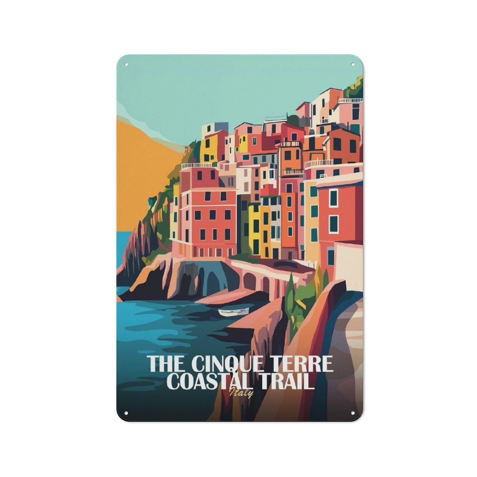 Junmoney Style Urban Metal Wall Art Sign 30X20cm Featuring Cinque Terre Coastal Trail Italy, Urban Room Decor For Modern Home, Workshop, Office Or Cafe