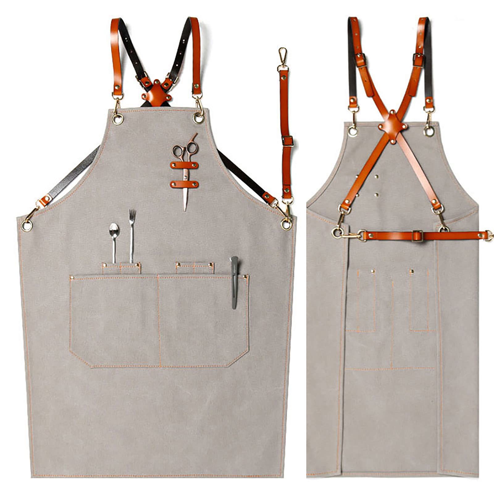 Tablier pour homme et femme avec poches, tabliers de travail en toile de coton pour cuisine, bandoulière réglable en cuir, pour la restauration, le barbecue, le restaurant, le jardin (taille : L,