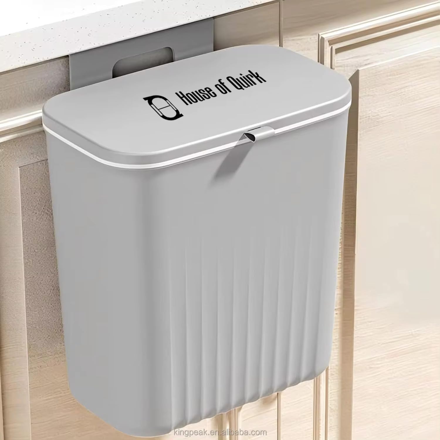 House of Quirk Plastic Hanging Trash Can With Lid, Double-Sided Open Design, Cabinet Door Hanging Wall Storage Bucket for Kitchen (9 Litre Grey)