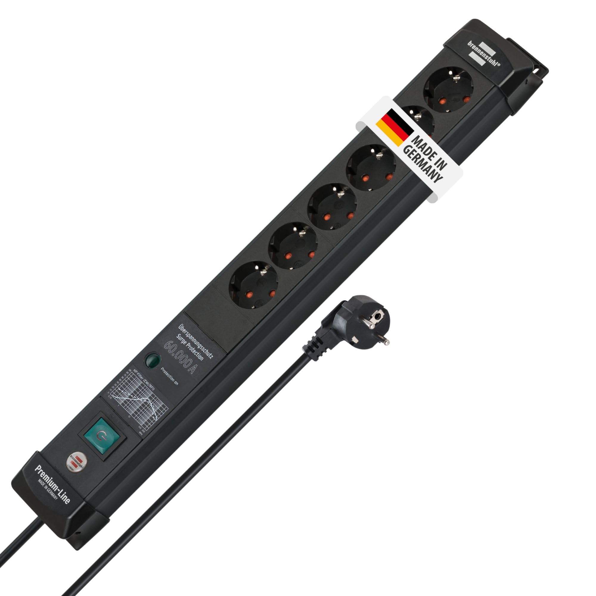 Brennenstuhl Premium-Line regleta enchufes de 6 Tomas con protección contra sobretensiones hasta 60.000 A (Cable de 5 m, Interruptor, montable, Fabricado en Alemania) Negro