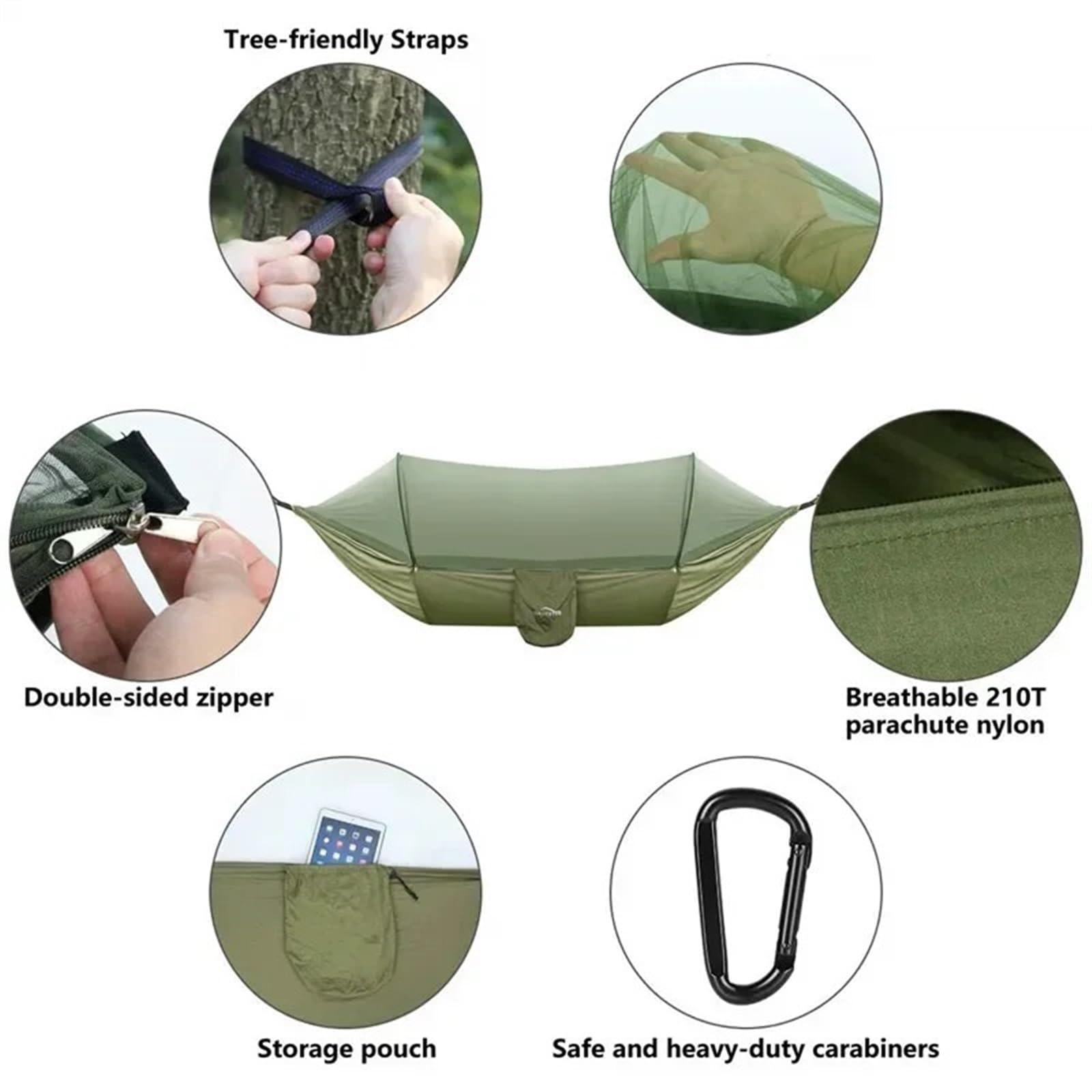 Amaca da campeggio leggera e portatile con rete in tessuto paracadute, ideale per escursioni, viaggi e viaggi – nero con 6 anelli.