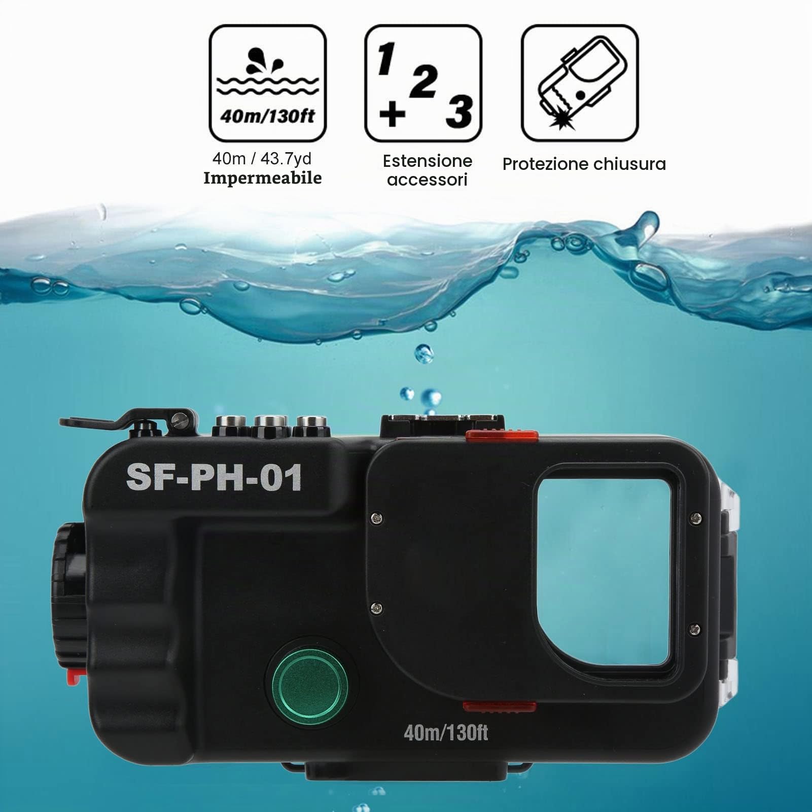 Custodia per telefono subacquea con controllo wireless, SF‑PH‑01 Custodia video per fotografia subacquea con cordino [40 M/131 Ft], custodia impermeabile per tutti gli smartphone di meno di 6,5