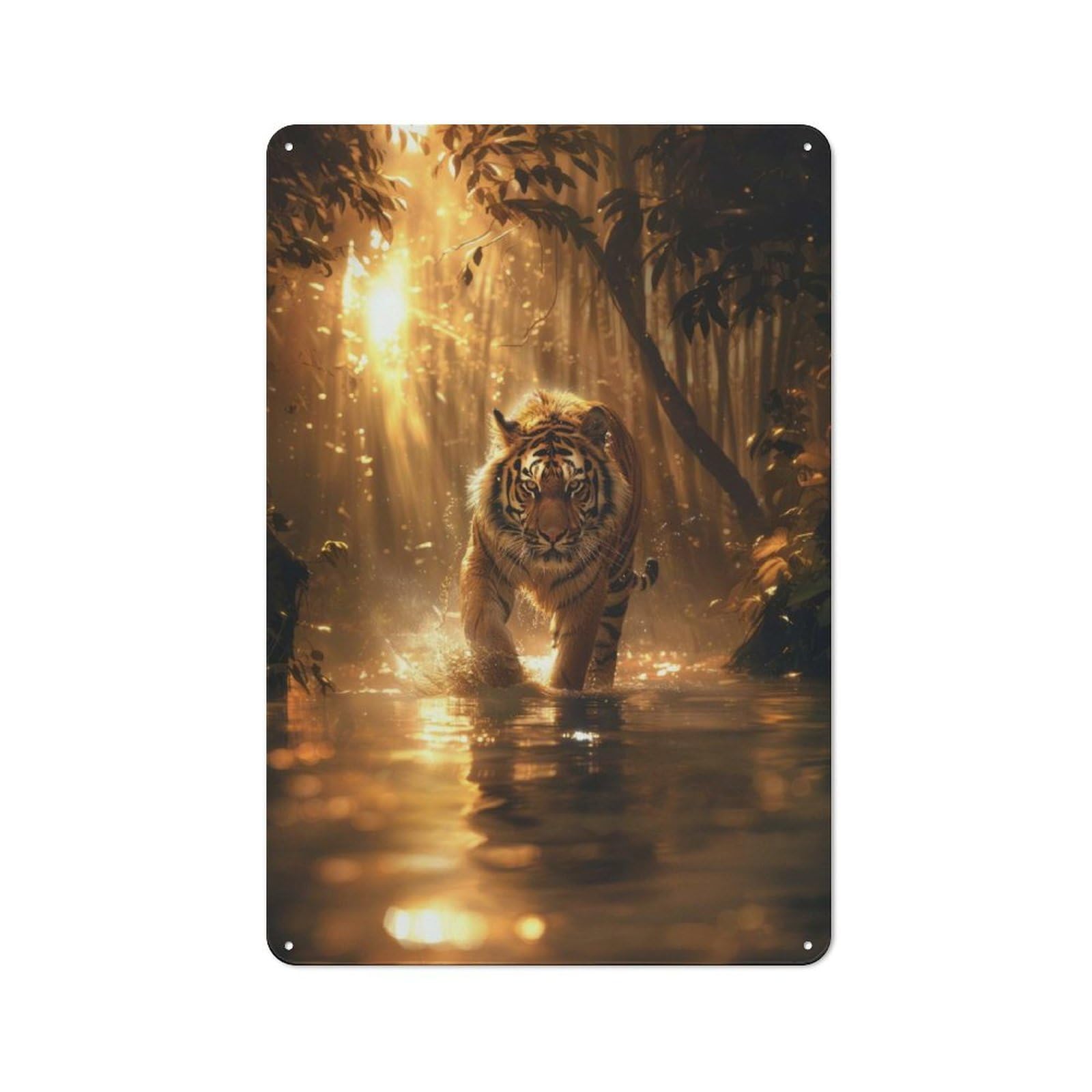 Junmoney Style-16 Loft Style Metal Wall Art Sign 30X20cm Featuring Tiger In Golden Forest, Urban Room Decor For Loft, Studio, Office Or Creative Room