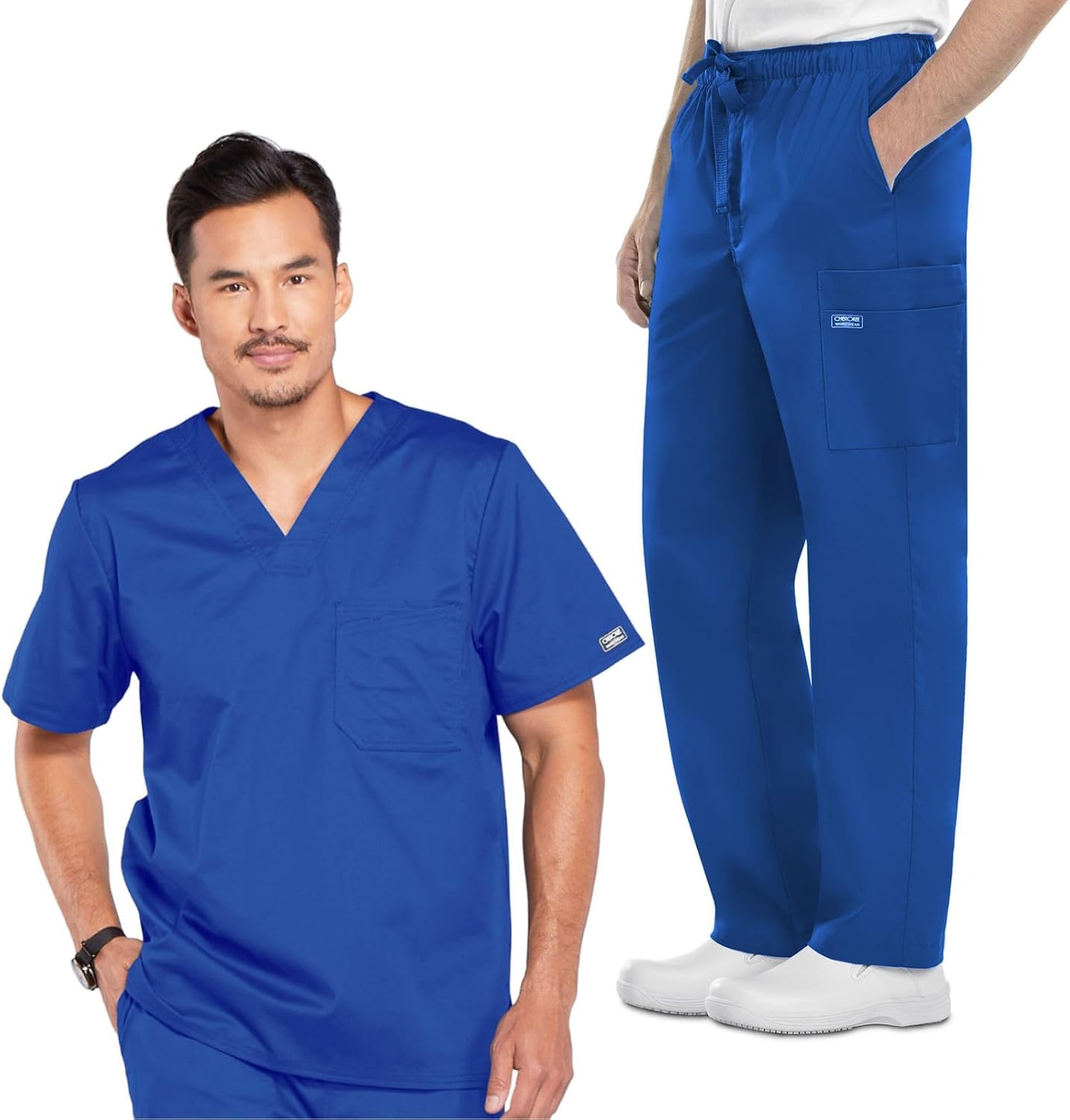 Cherokee Men Scrub Set Tuckable V-Neck Top 4743 Fly Front Cargo Scrub Pant with Reinforced Adjustable Drawstring 4243, Royal - XL Top/XL Pant