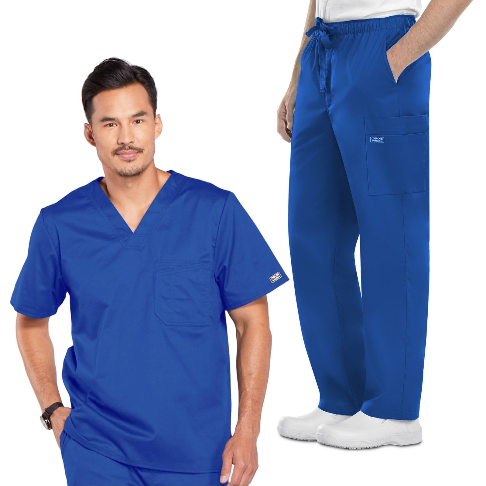 Cherokee Men's Scrub Set Tuckable V-Neck Top 4743 Fly Front Cargo Scrub Pant with Reinforced Adjustable Drawstring 4243