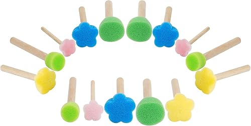 NUOMI 15 piezas de sellos de esponja para niños con mango de madera, mini lindas formas redondas y de flores para pintar, bricolaje, manualidades,
