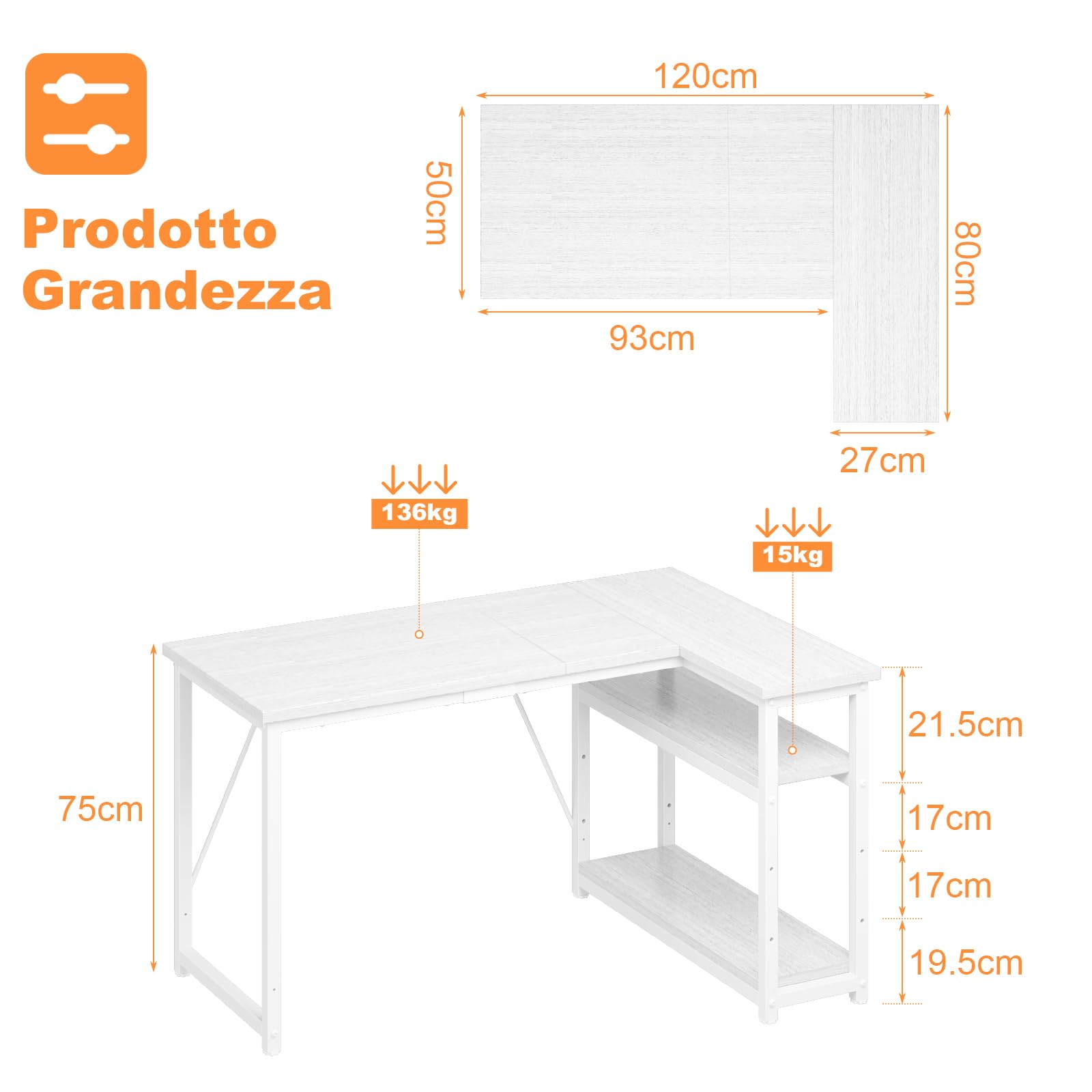 TRIUMPHKEY Scrivania ad Angolo Reversibile 120 x 80cm, Scrivania a Forma di L con Ripiani,Tavolo da Lavoro,Struttura in Acciaio, per Computer, Ufficio, Studio and Soggiorno, Marrone rustico
