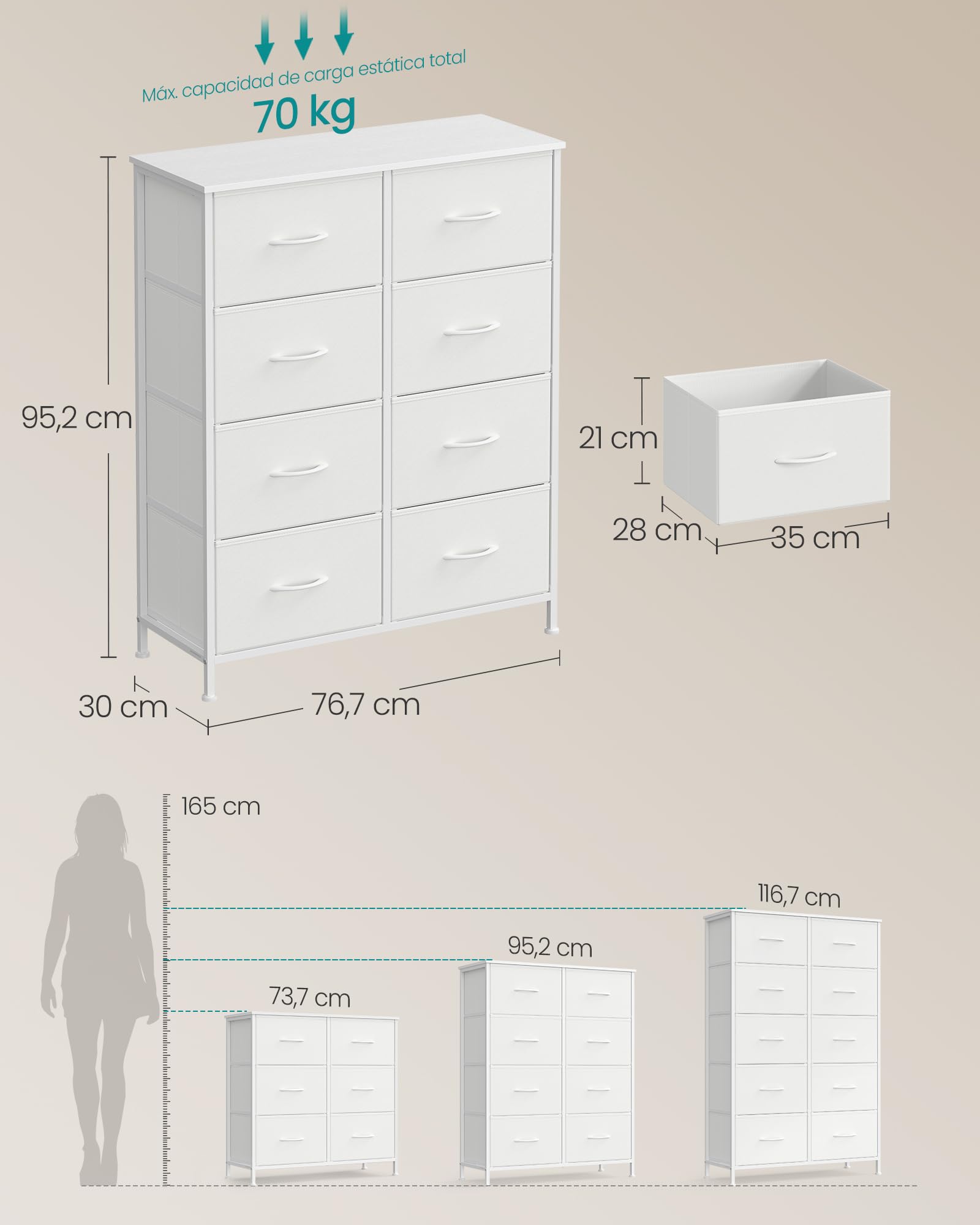 SONGMICS BELLAH Colección - Cómoda, 8 Cajones de Tela, Acero, MDF, Tela no Tejida, para Dormitorio, Armario, Pasillo, Salón, Blanco Nube y Blanco Nieve LGS124WH01
