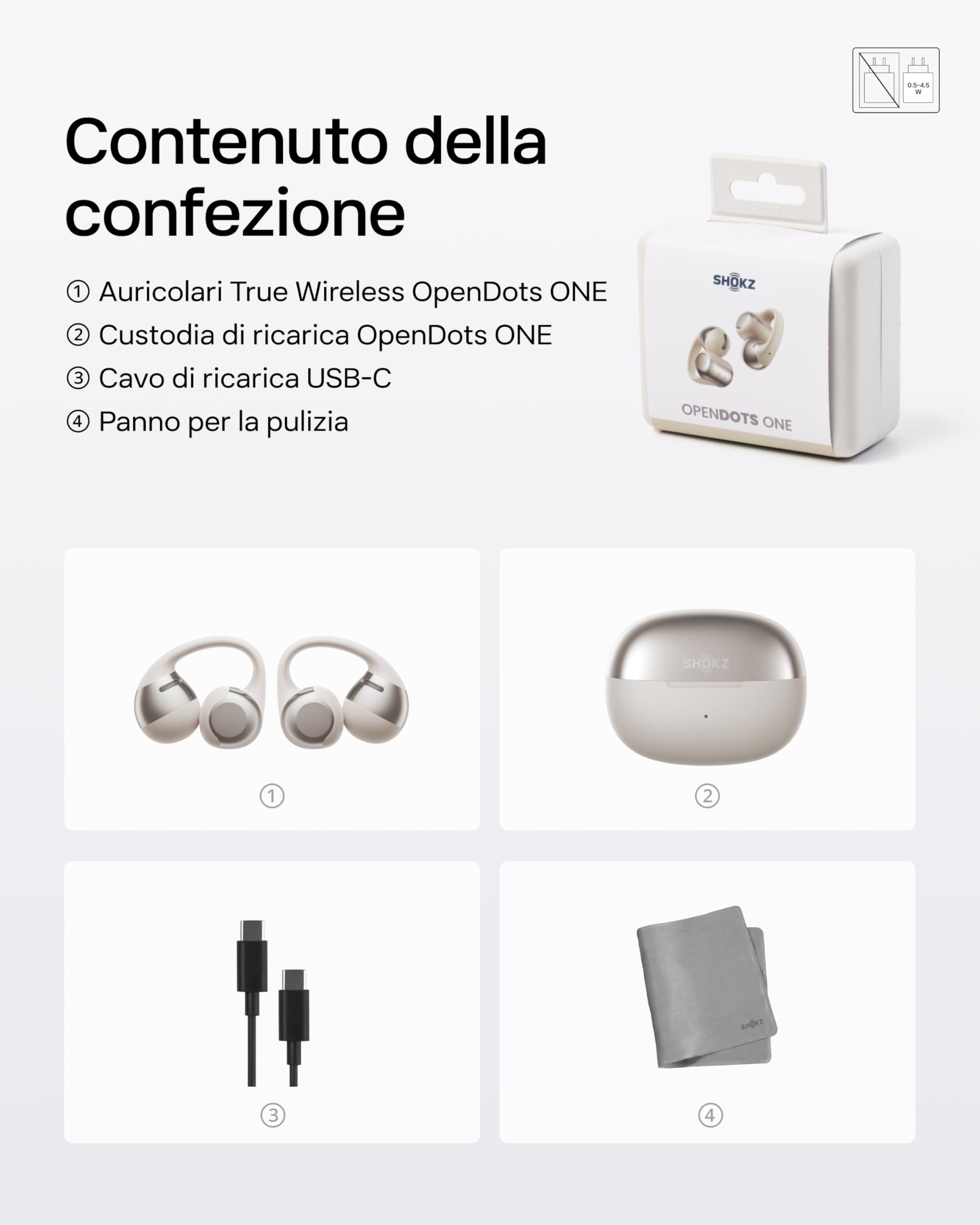 SHOKZ OpenDots ONE Cuffie Open-Ear, Audio Dolby Premium, Auricolari a Clip da 6,5 g, Bluetooth 5.4, Wireless con Microfono, Ricarica Rapida, 40h Autonomia, IP54, con Panno per la Pulizia - Grigio