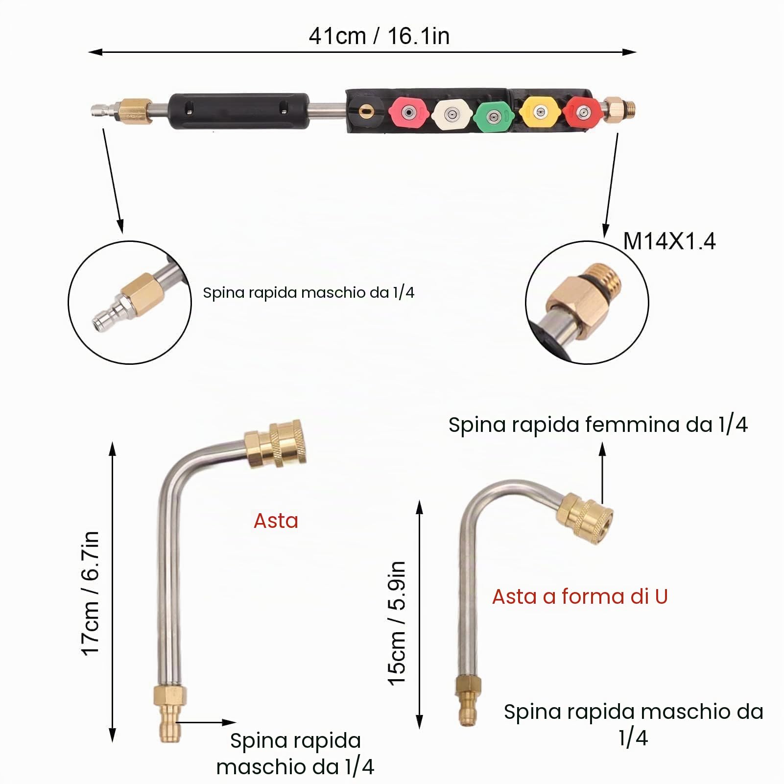 ad Alta Pressione per Idropulitrice, Kit di Prolunga con 6 Ugelli, Attacco Rapido da 1/4 Pollici per Pulizia Grondaie