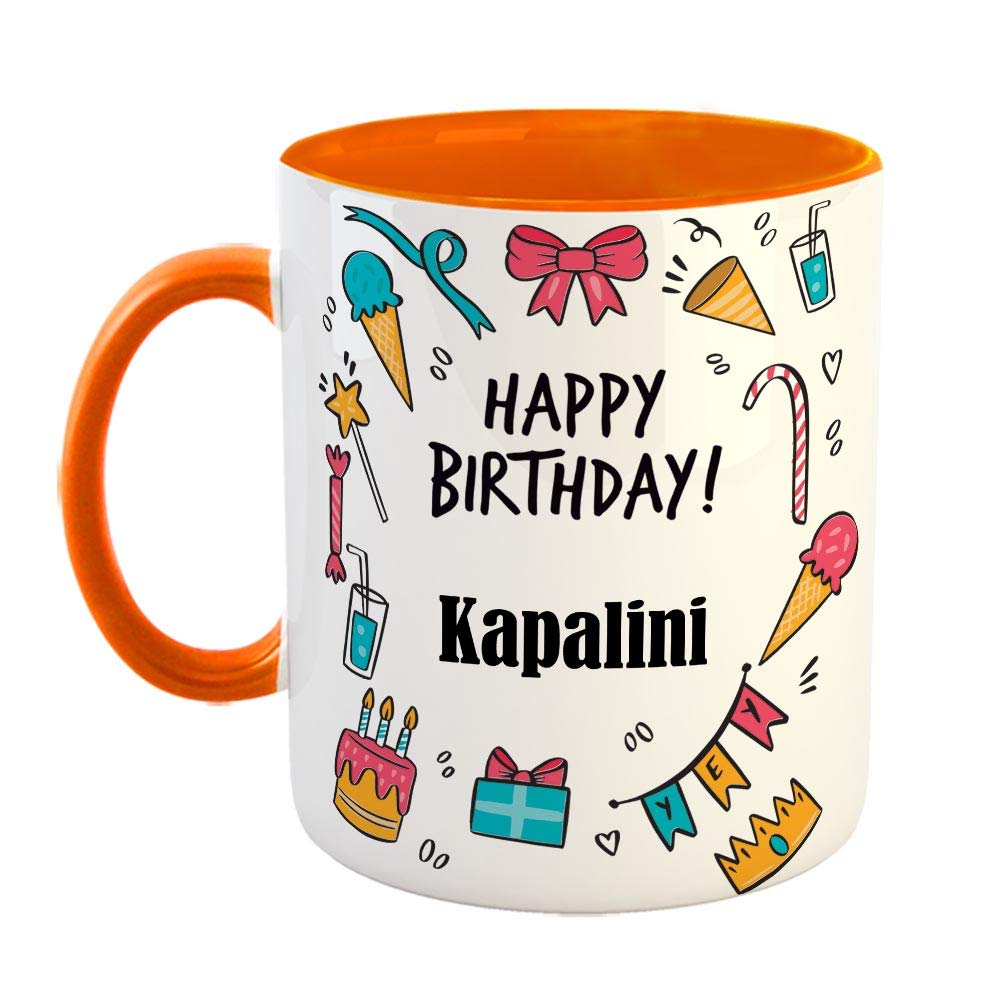 FurnishFantasy Ceramic Coffee Mug - Best Gift for Happy Birthday, Color - Orange, Name - Kapalini