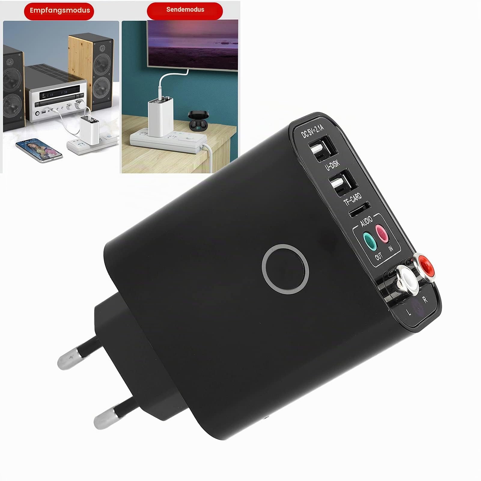 Bluetooth 5.0 Sender Empfänger, 2 in 1 Bluetooth Adapter APP Steuerung mit Fernbedienung 3,5 Mm Audiokabel Eingebautes Schnelllademodul Built(EU-Stecker)