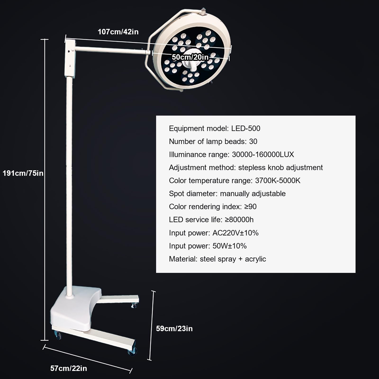 Lampa Zabiegowa LED Bezcieniowa Lampa Zabiegowa Chirurgiczna Mobilna Lampa Zabiegowa Podłogowa Przenośna Lampa Zabiegowa 30 Żarówek LED Obrót o 180° Regulowana Temperatura