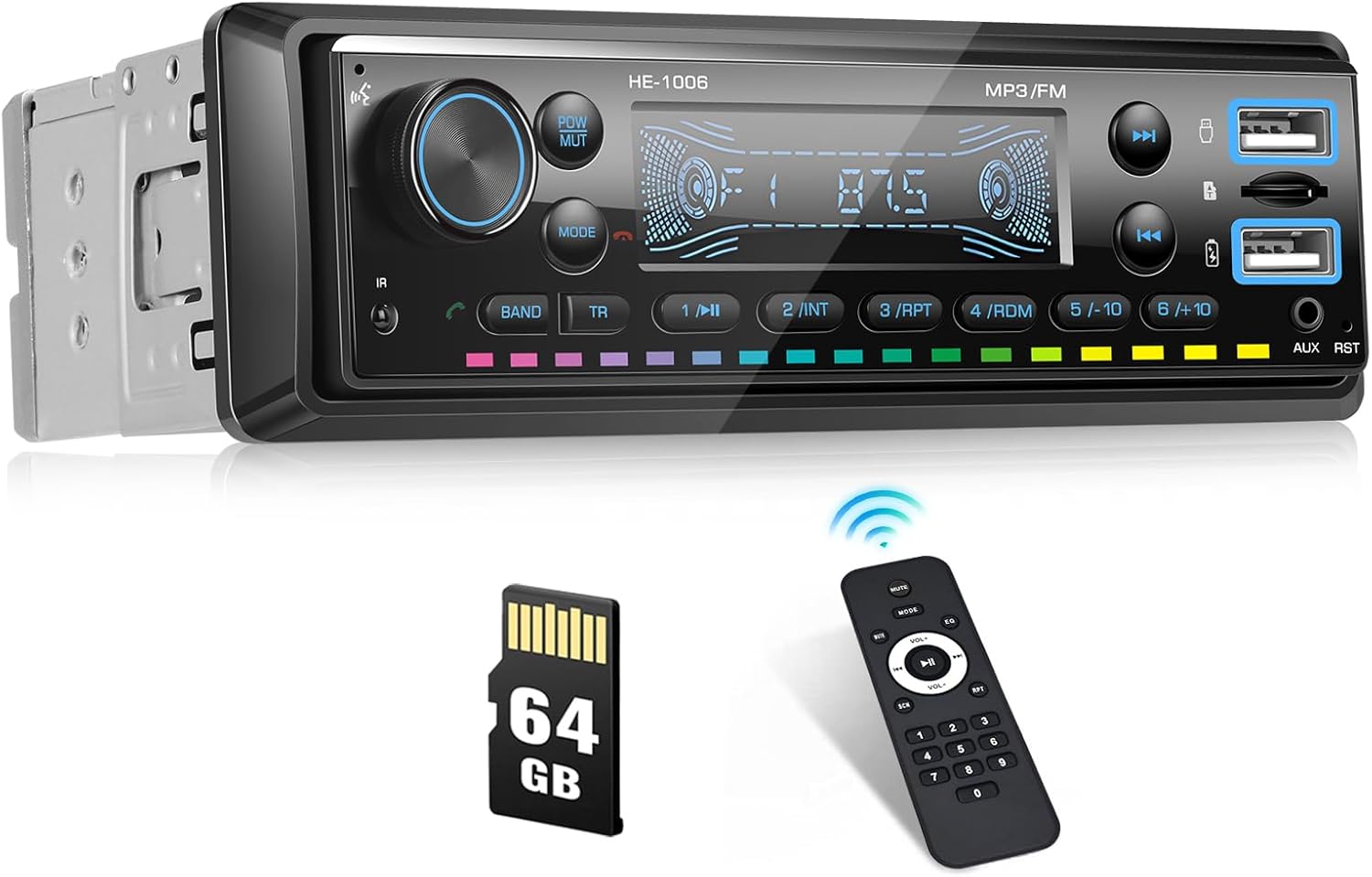 Single Din Bluetooth Multimedia Car Stereo Radio MP3 Player,USB/TF/AUX-in,FM,LCD Display,64GB SD Card,Handsfree,Quick Charge,LED Colors&Clock Display