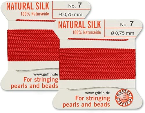 Griffin - Cordón para cuentas de seda natural, tamaño 7, color rojo (2 unidades)